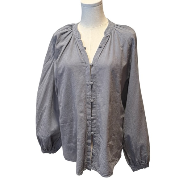 Faherty Naomi Linen Blend Balloon Sleeve Gray Button Down Blouse Womens Small - Picture 1 of 13